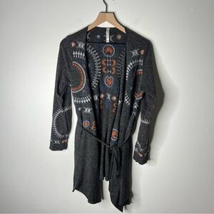 Monoreno Dark Gray Celestial Embroidered Cardigan Long Line Tie Waist Small